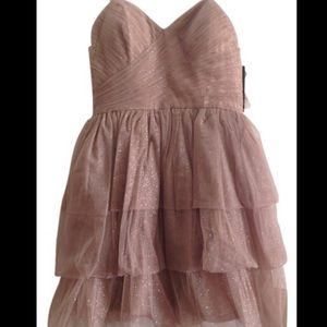 Taupe and Gold Sparkly Prom Dress - Strapless